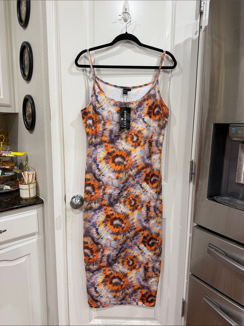 SHEIN Orange & Gray Tie-Dye Spaghetti Strap Midi Dress